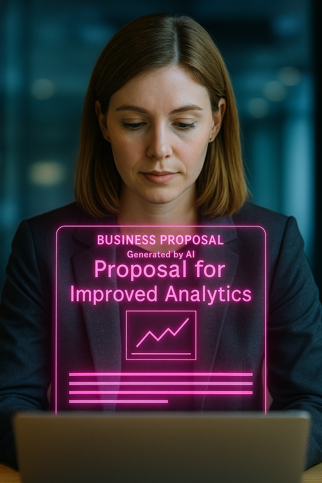 A professional reviewing a well-formatted business proposal on screen, looking impressed and focused